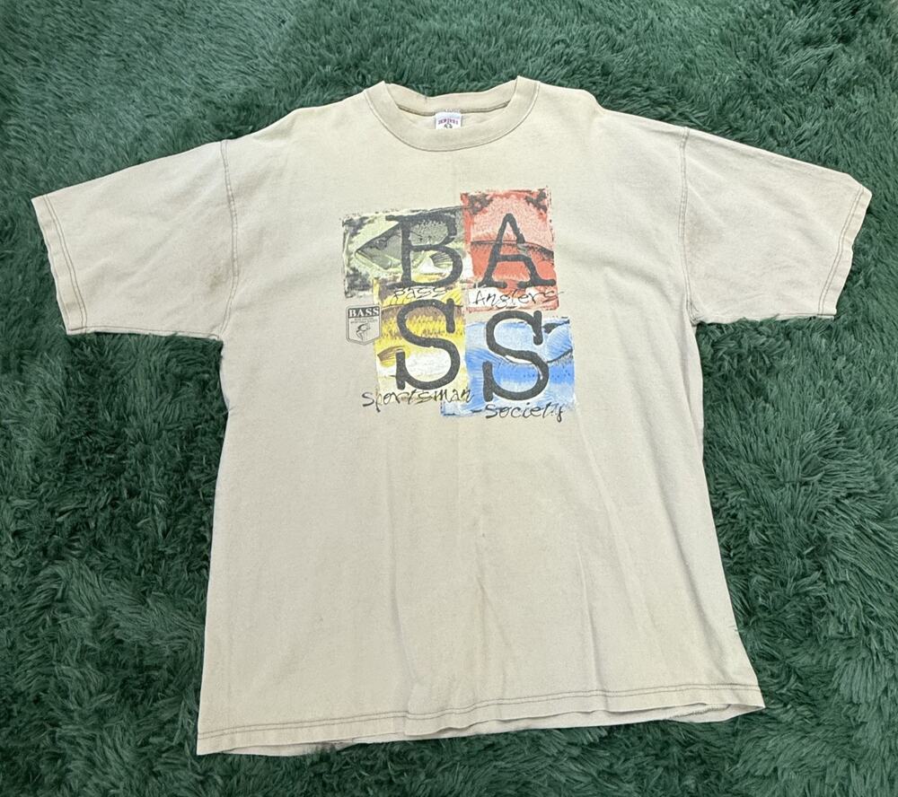 Vintage Jerzees BASS Angler Sportsman Society T-Shirt Men's XL Beige Fishing Tee